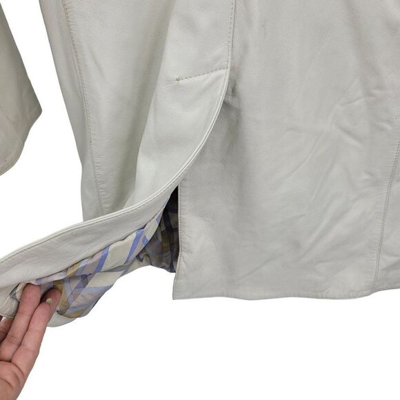 Kenneth Cole Leather Trench Coat Notch Collar Single Breasted Button Down Bone S - Picture 12 of 15